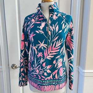 “It’s Prime Time” teal monkey print Lilly Pulitzer women’s size S 1/2 zip popove